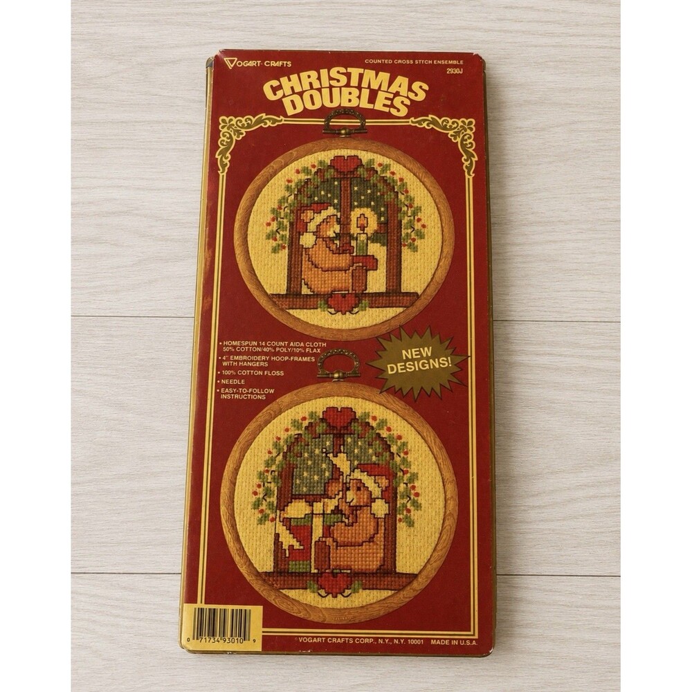 Vintage Vogart Christmas Doubles Teddy Bear Cross Stitch Kit 2930J USA
